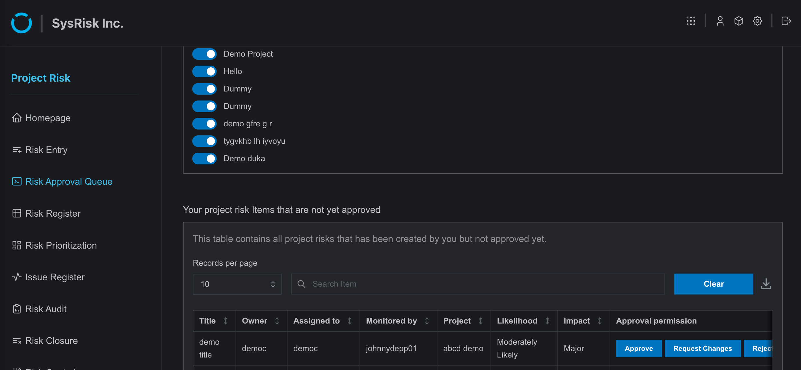 Risk Entry Creation, Edit, and Approval
