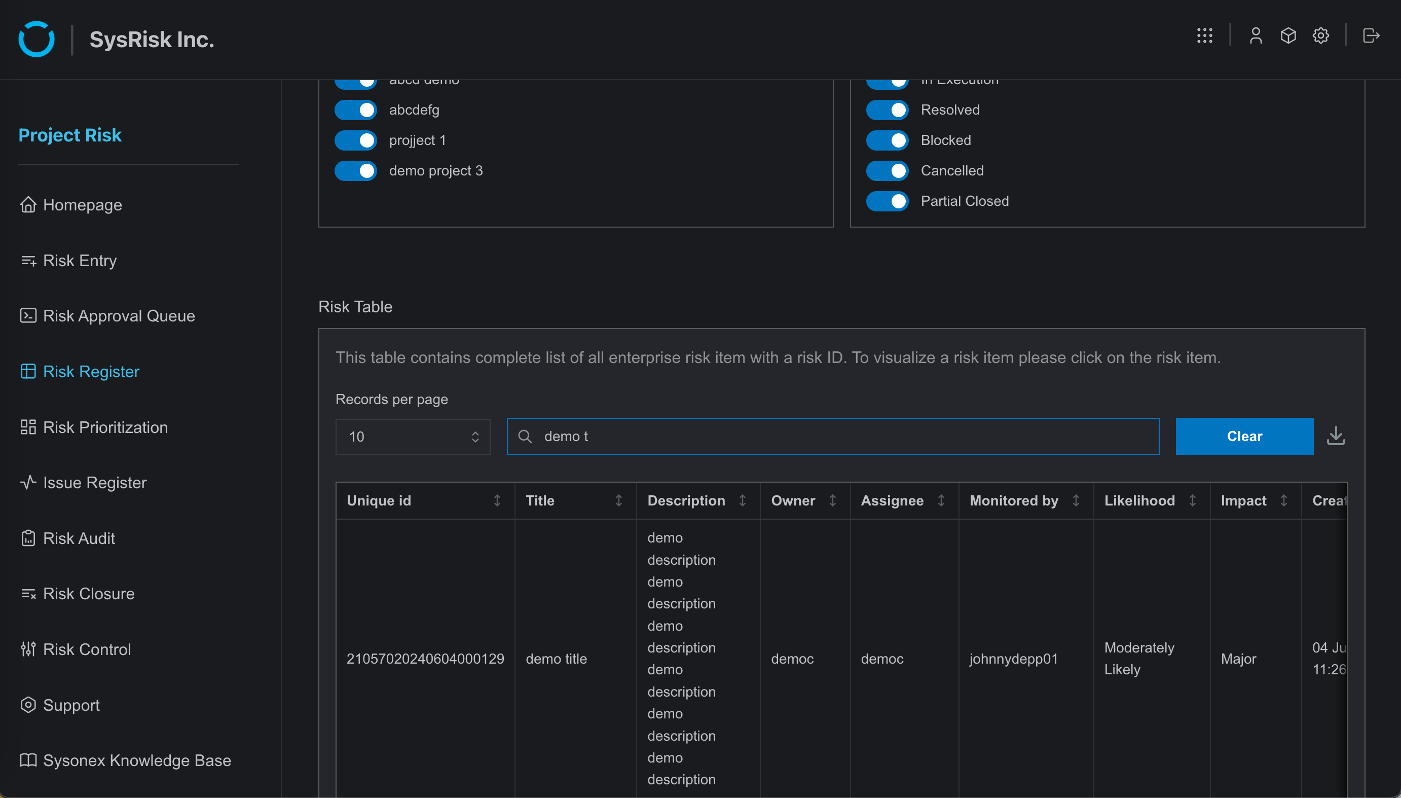 Risk Entry Creation, Edit, and Approval
